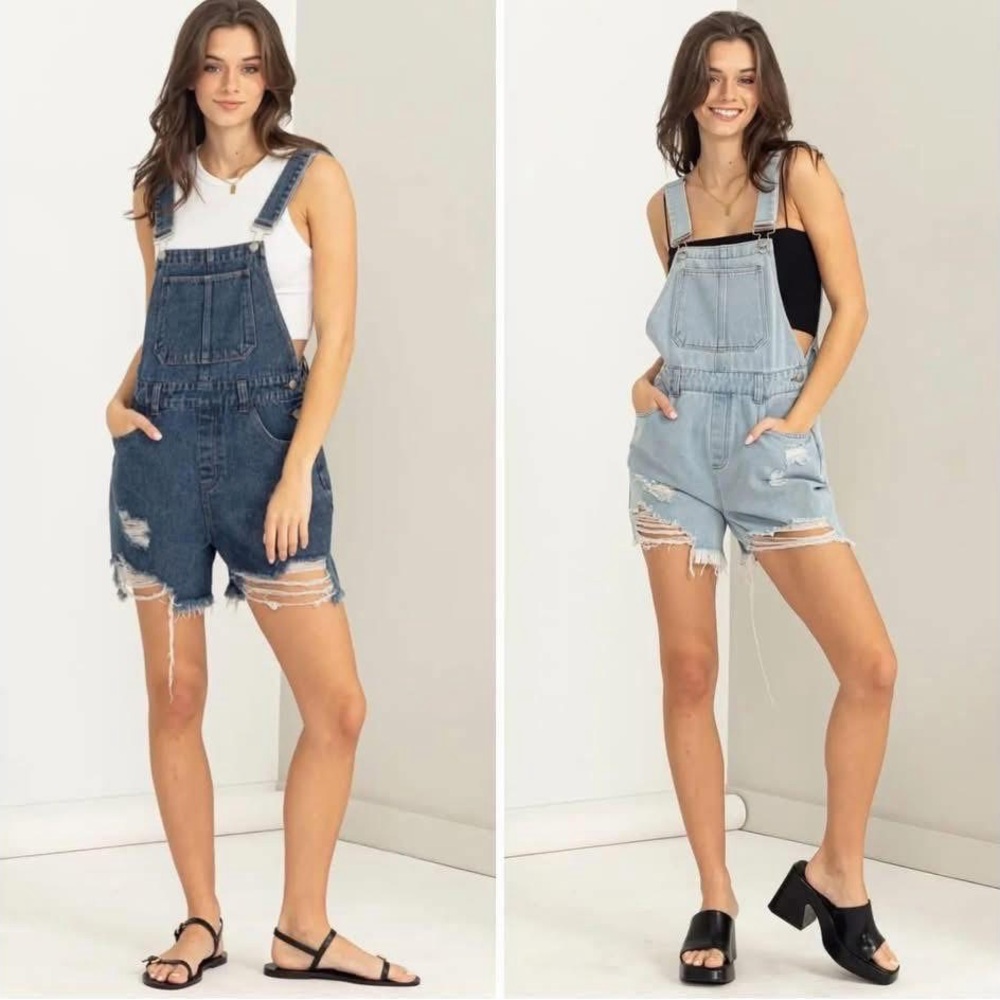 Denim Distressed Shortalls